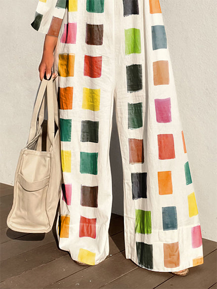 Loose Three-Quarter Sleeves Contrast Color Round-Neck Jumpsuits