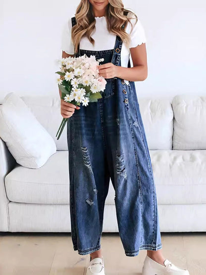 Cropped Wide Leg Buttoned Pockets Solid Color Adjustable Straps Overalls
