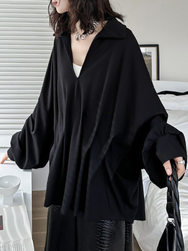 Batwing Sleeves Long Sleeves Pleated Solid Color Deep V-Neck Blouses&Shirts Tops