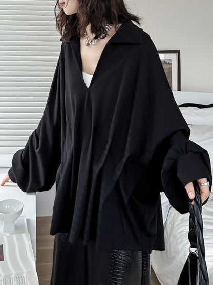 Batwing Sleeves Long Sleeves Pleated Solid Color Deep V-Neck Blouses&Shirts Tops