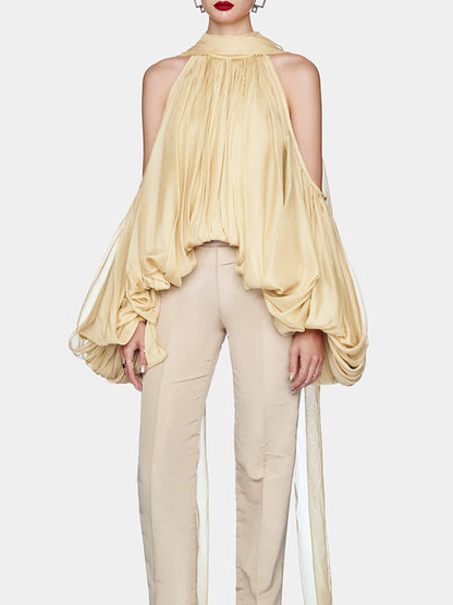 Long Sleeves Loose Pleated Solid Color Tied Halter-Neck Blouses&Shirts Tops