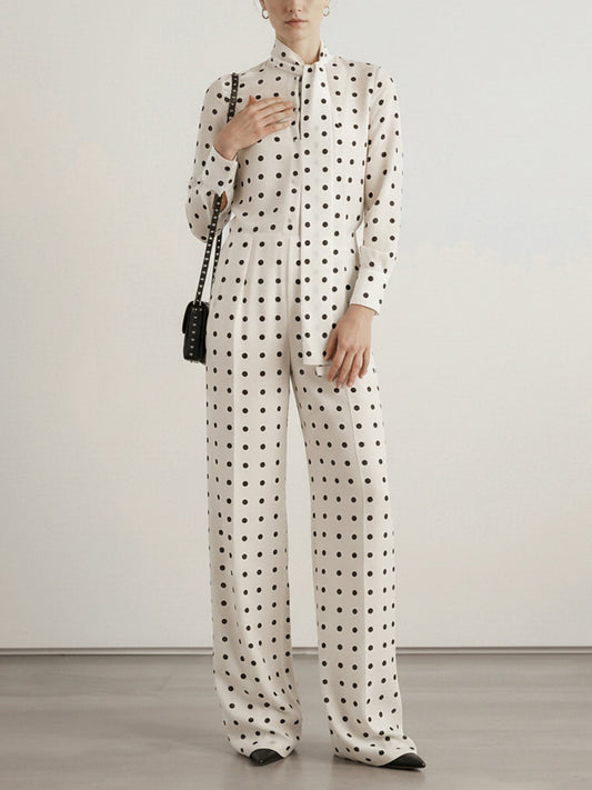 Long Sleeves Skinny Contrast Color Polka-Dot Split-Joint Streamer Scarf Collar Jumpsuits
