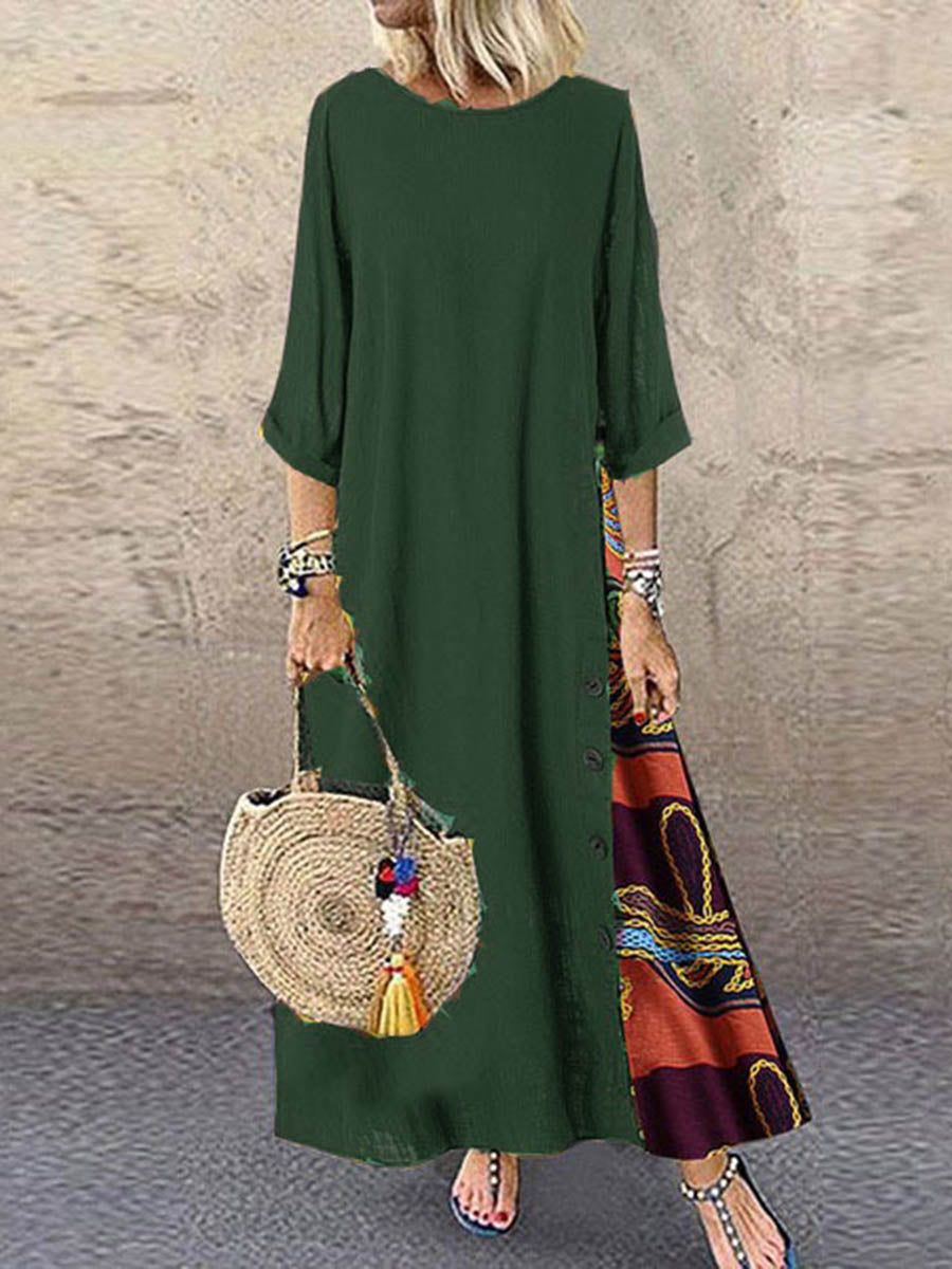 Loose Plus Size Buttoned Contrast Color Printed Round-Neck Midi Dresses