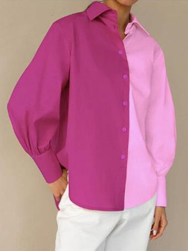 Long Sleeves Loose Buttoned Contrast Color Lapel Blouses&Shirts Tops PINK