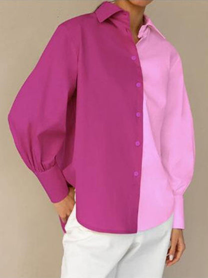 Long Sleeves Loose Buttoned Contrast Color Lapel Blouses&Shirts Tops PINK
