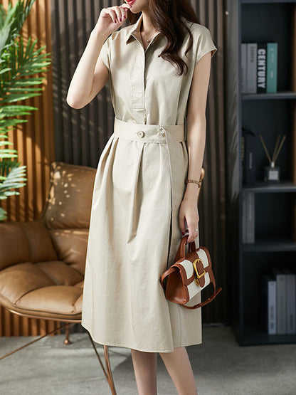 Plus Size Short Sleeves Bandage Solid Color Lapel Midi Dresses