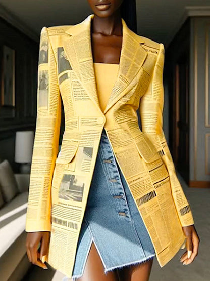 Long Sleeves Newspaper Print Split-Joint Lapel Blazer Suits