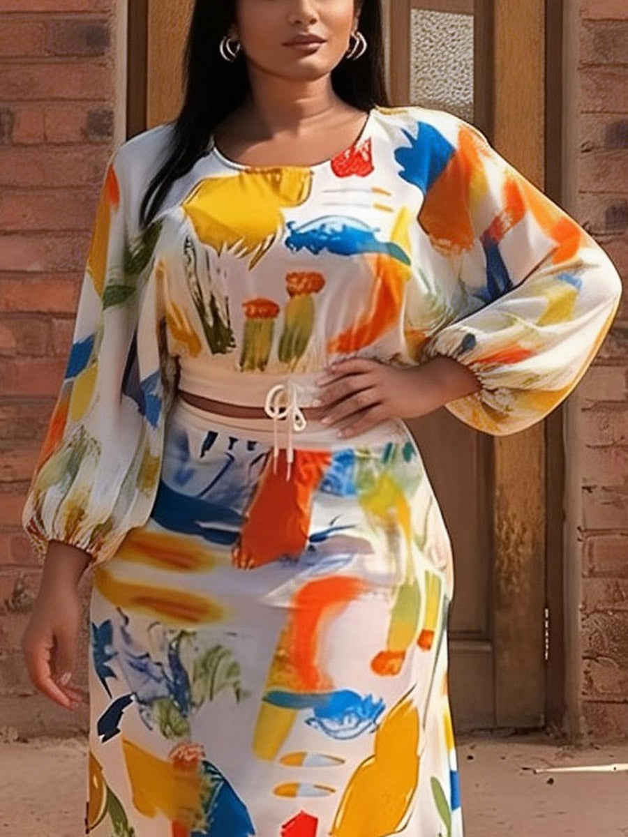Cropped Elasticated Waist Contrast Color Drawstring Graffiti Printed Pleated Split-Joint Round-Neck Blouses&Shirts Tops