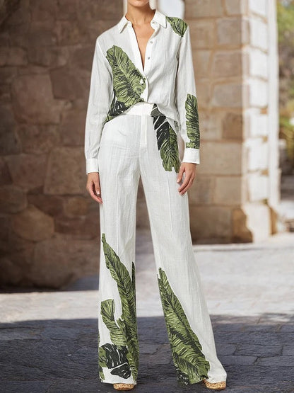 Long Sleeves Buttoned Leaves Print Lapel Blouses&Shirts Tops