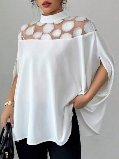 Batwing Sleeves Half Sleeves Polka-Dot See-Through Solid Color Split-Joint Stand Collar Blouses&shirts Tops