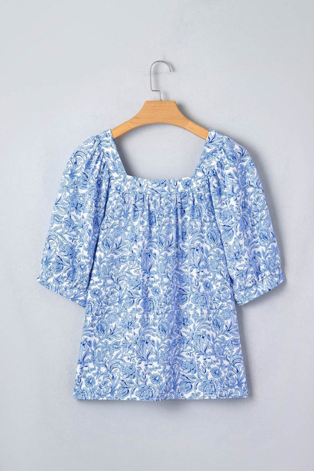 Floral Square Neck Puff Sleeve Blouse