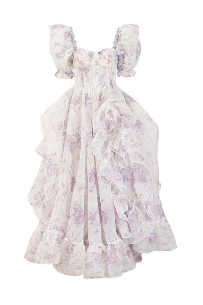 Puff Sleeve Floral Organza Layered Split Dress Lilac