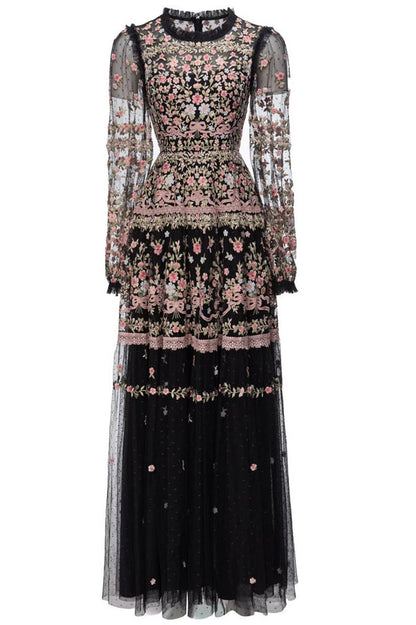 Garden 3/4 Sleeves Embellished Tulle Gown Black