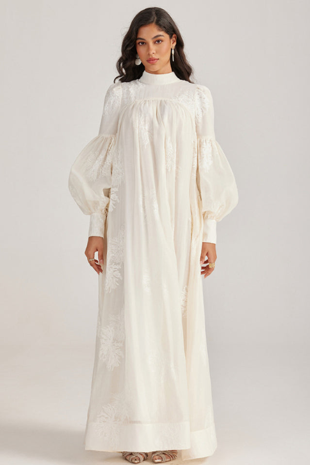 Embroidered Lace-Up Maxi Dress