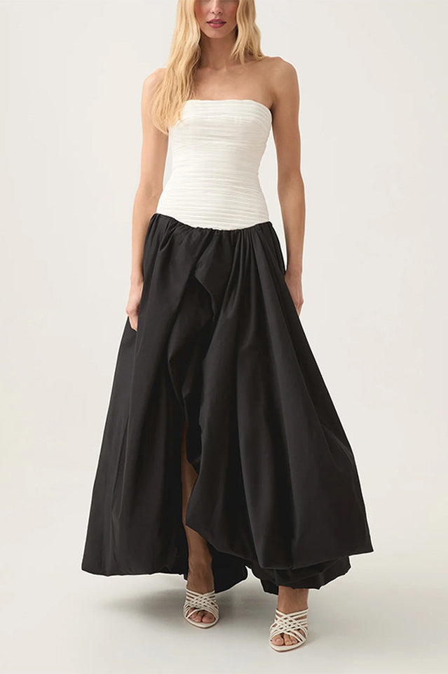 Strapless Ruched Puff Maxi Dress