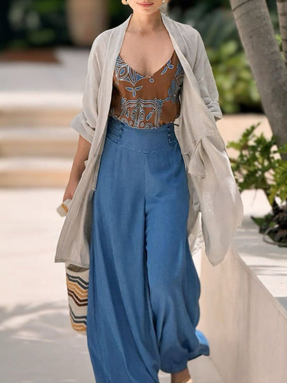 Loose Wide Leg Solid Color Split-Joint Jean Pants Bottoms Trousers