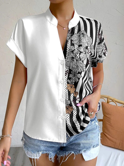 Loose Short Sleeves Buttoned Contrast Color Flower Print Striped V-Neck Blouses&Shirts Tops