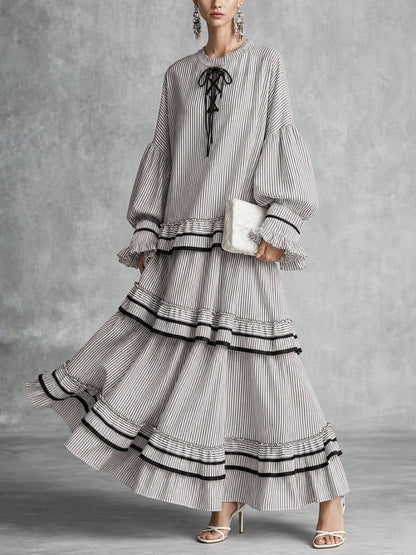 Tied Striped Split-Joint Ruffled Contrast Color Puff Sleeves Plus Size Round-neck Maxi Dresses