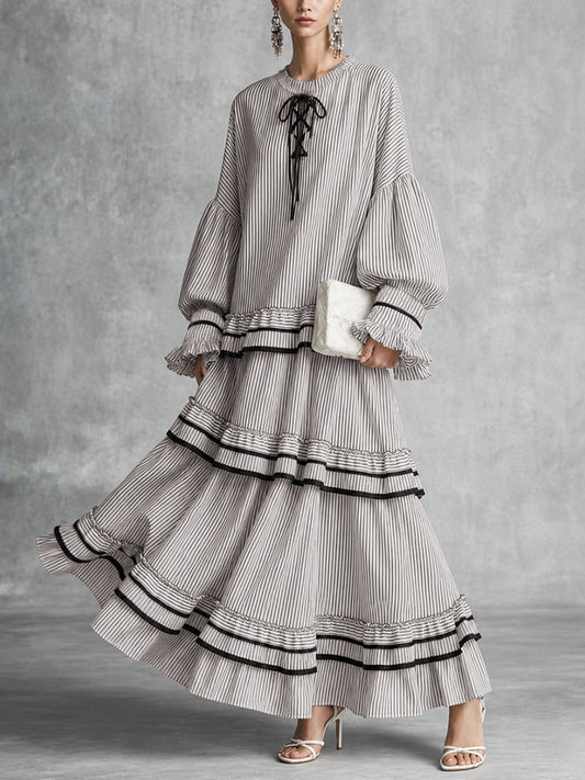 Tied Striped Split-Joint Ruffled Contrast Color Puff Sleeves Plus Size Round-neck Maxi Dresses