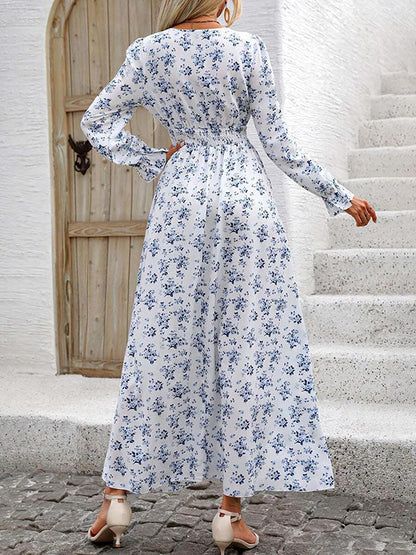 Long Sleeves Loose Elasticity Floral Printed V-Neck Maxi Dresses