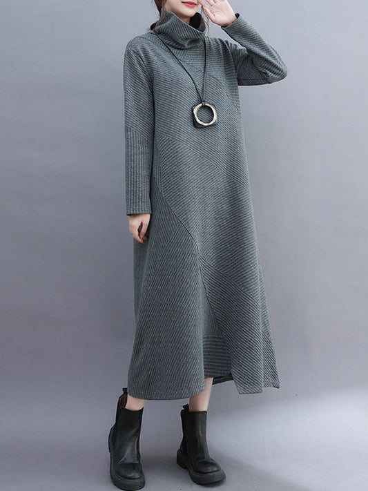 Vintage Irregularity Long Sleeves Solid Color High-Neck Midi Dresses
