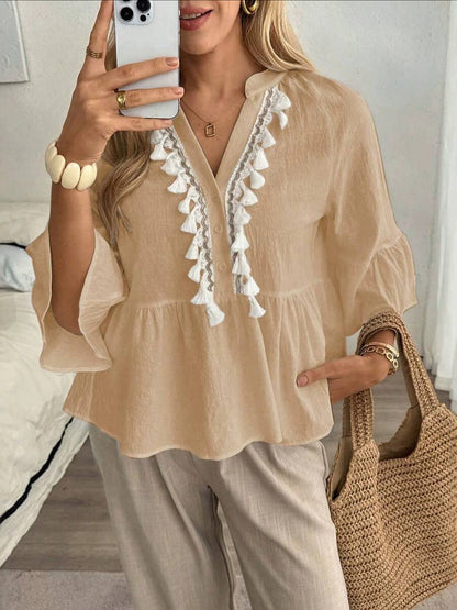 Tasseled Split-Joint Pleated Contrast Color Buttoned Loose Long Sleeves V-neck Blouses&shirts Tops