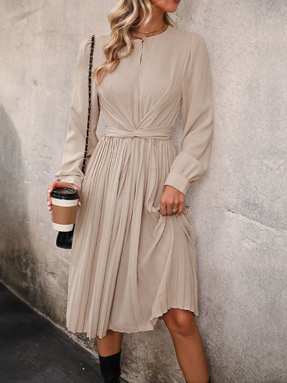 Long Sleeves Loose Pleated Solid Color Split-Joint Tied Waist Round-Neck Midi Dresses