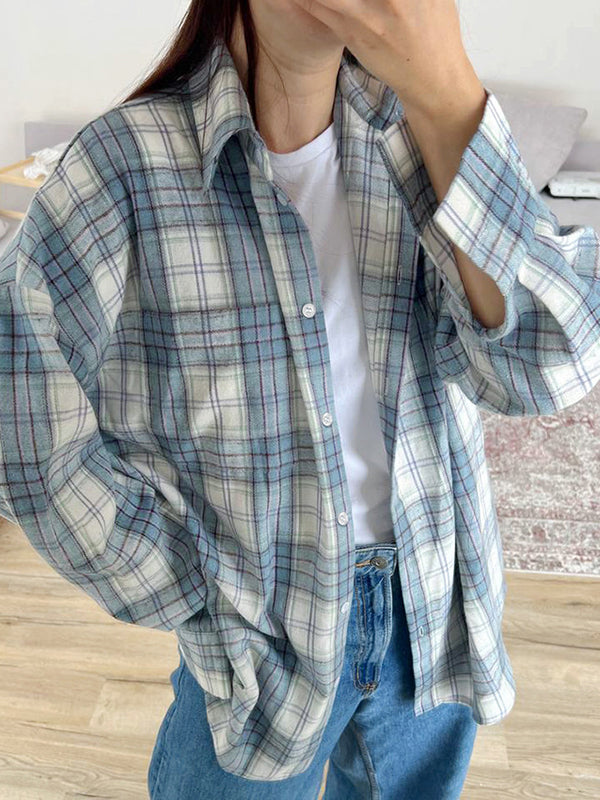 Chemisiers et chemises à manches longues, amples, boutonnés, à carreaux, avec poches et revers, hauts d'extérieur 