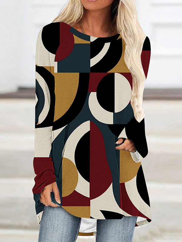 High-Low Long Sleeves Contrast Color Printed Round-Neck T-Shirts Tops COLORFUL