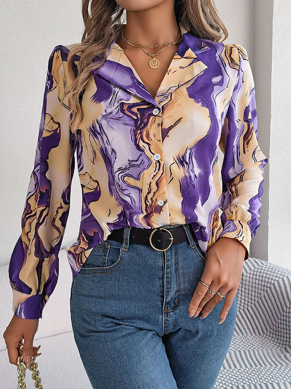 Long Sleeves Loose Buttoned Printed Notched Collar Blouses&Shirts Tops PURPLE