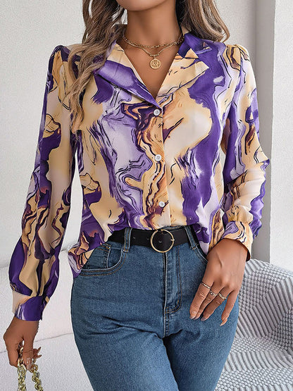 Long Sleeves Loose Buttoned Printed Notched Collar Blouses&Shirts Tops PURPLE