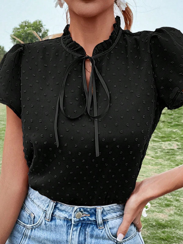Puff Sleeves Short Sleeves Falbala Lace-Up Solid Color Blouses&Shirts Tops