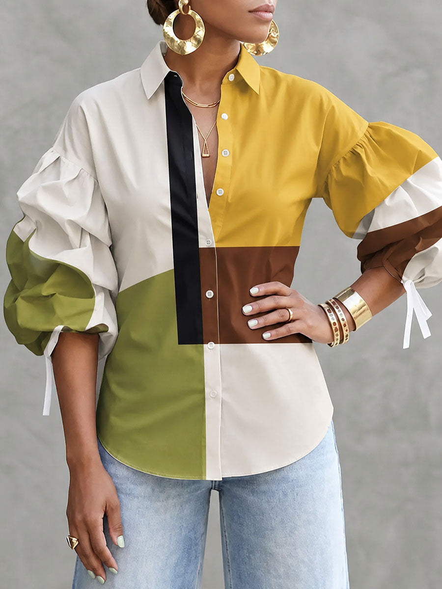 Tied Split-Joint Elasticity Contrast Color Buttoned Three-quarter Sleeves Puff Sleeves Lapel Blouses&shirts Tops
