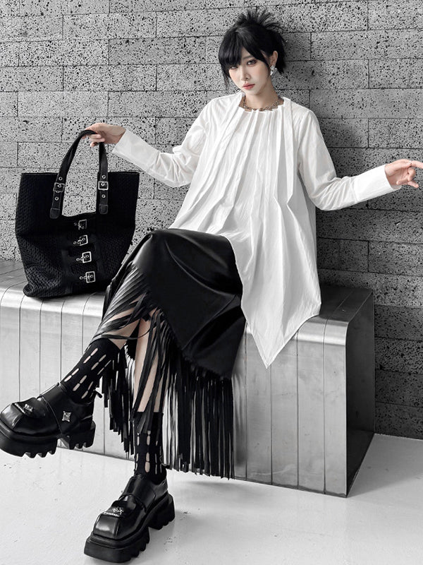 Hipster Irregularity Asymmetric Pleated Solid Color Round-Neck Blouses&Shirts Tops