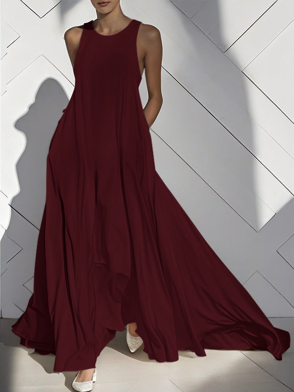 Loose Sleeveless Pockets Solid Color Split-Joint Round-Neck Maxi Dresses BURGUNDY