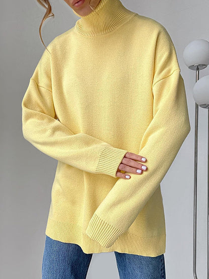 Casual Loose Long Sleeves Split-Side Solid Color High-Neck Sweater Tops