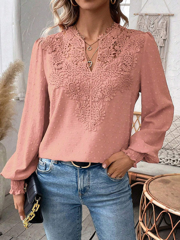 Loose Puff Sleeves Elasticity Hollow Jacquard Solid Color Split-Joint V-Neck Blouses&Shirts Tops