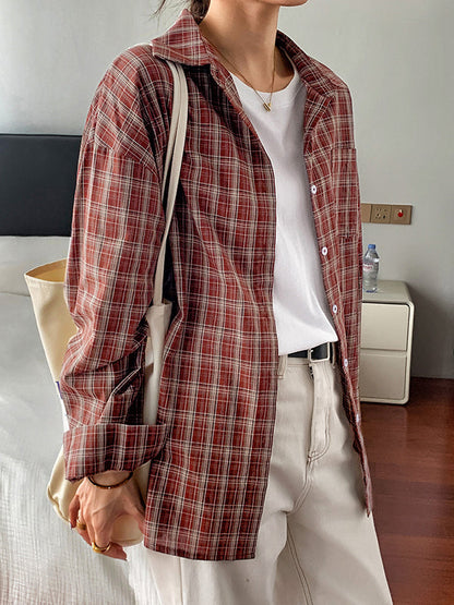 Long Sleeves Loose Buttoned Plaid Lapel Blouses&Shirts Tops