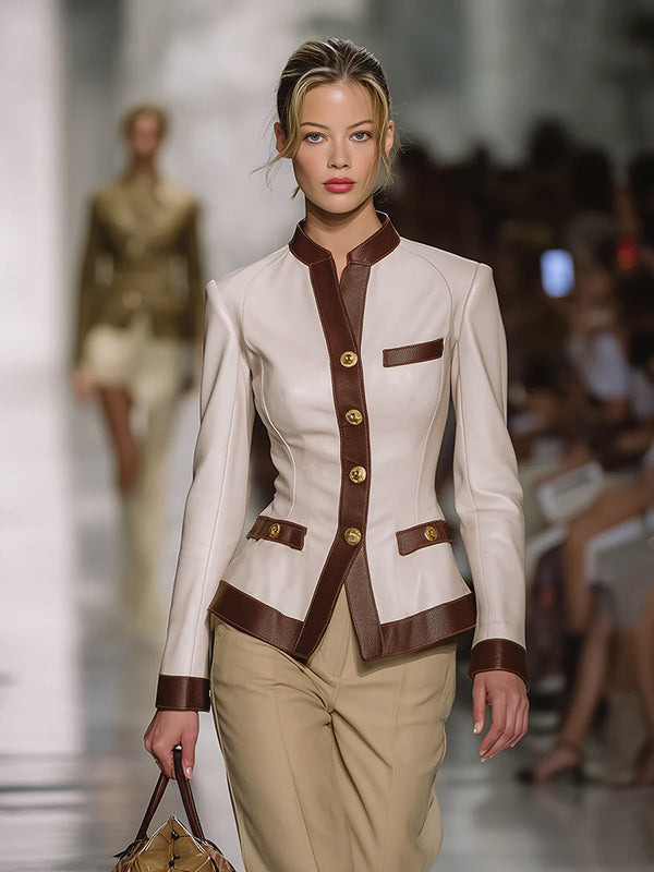 Long Sleeves Buttoned Contrast Color Split-Joint Stand Collar Jackets Outerwear