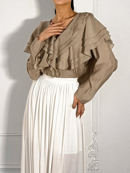 Long Sleeves Backless Ruffled Solid Color V-Neck Blouses&Shirts Tops