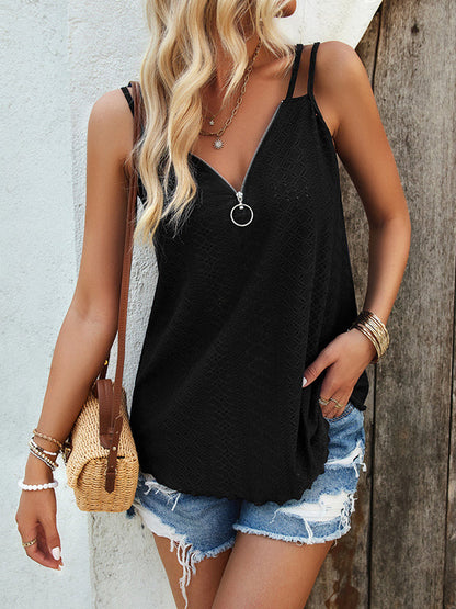 Haut sans manches ample en jacquard de couleur unie avec fermeture éclair et col spaghetti 