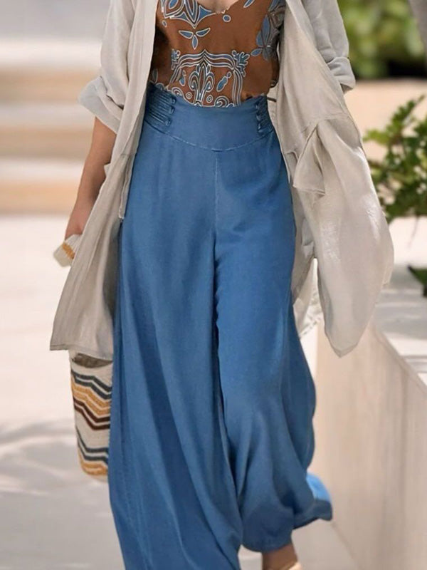 Loose Wide Leg Solid Color Split-Joint Jean Pants Bottoms Trousers