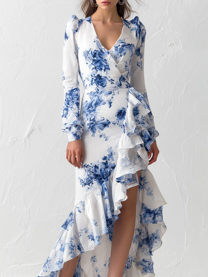 High Waisted High-Low Flower Print Ruffled Split-Joint Zipper V-Neck Maxi Dresses