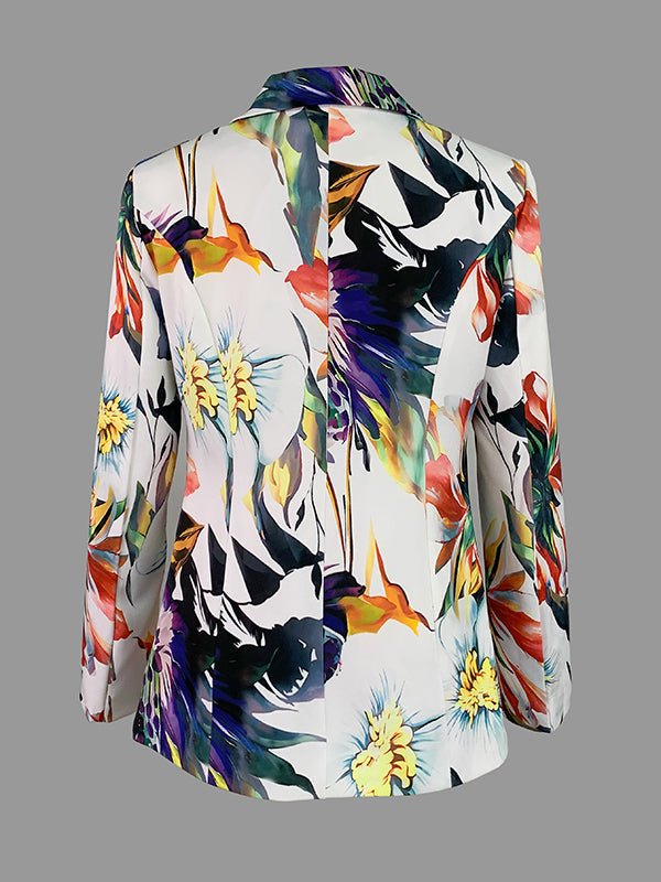 Long Sleeves Floral Printed Split-Joint Lapel Blazer Suit Outerwear