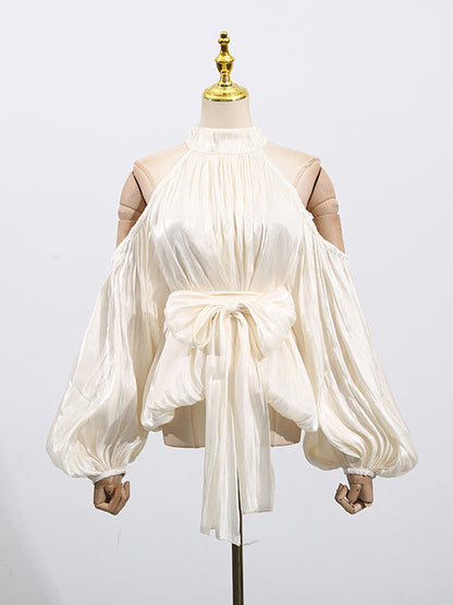 Long Sleeves Loose Pleated Solid Color Tied Halter-Neck Blouses&Shirts Tops