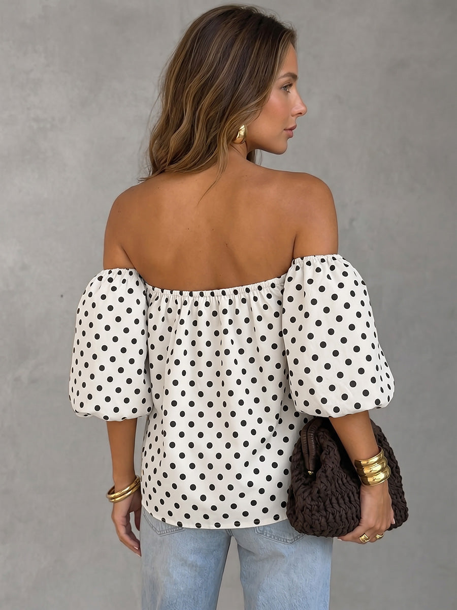 Half Sleeves Loose Backless Contrast Color Elasticity Polka Dot Off-The-Shoulder Blouses&Shirts Tops