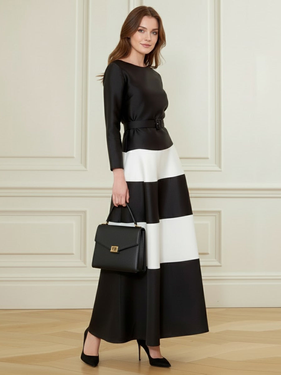 A-Line Bodycon Belted Contrast Color Split-Joint Round-Neck Maxi Dresses