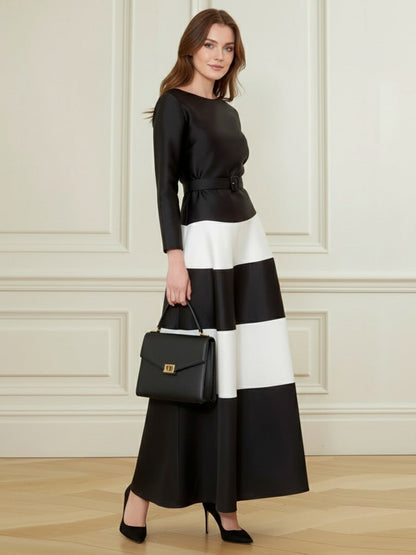 A-Line Bodycon Belted Contrast Color Split-Joint Round-Neck Maxi Dresses