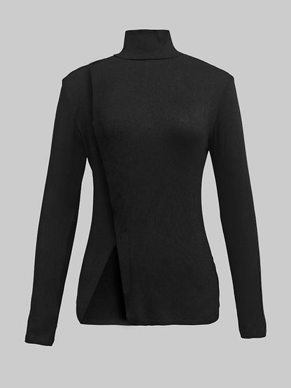 Skinny Solid Color Split-Joint High Neck T-shirts