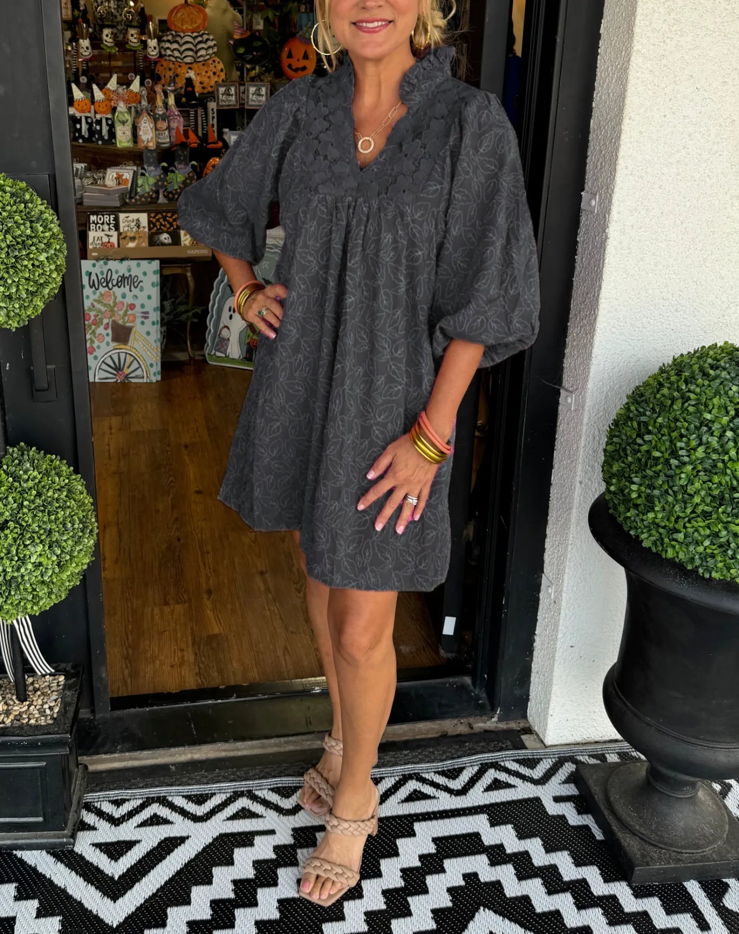 Faye | Women's Puff Sleeve Mini Dress V-Neck Smock Babydoll